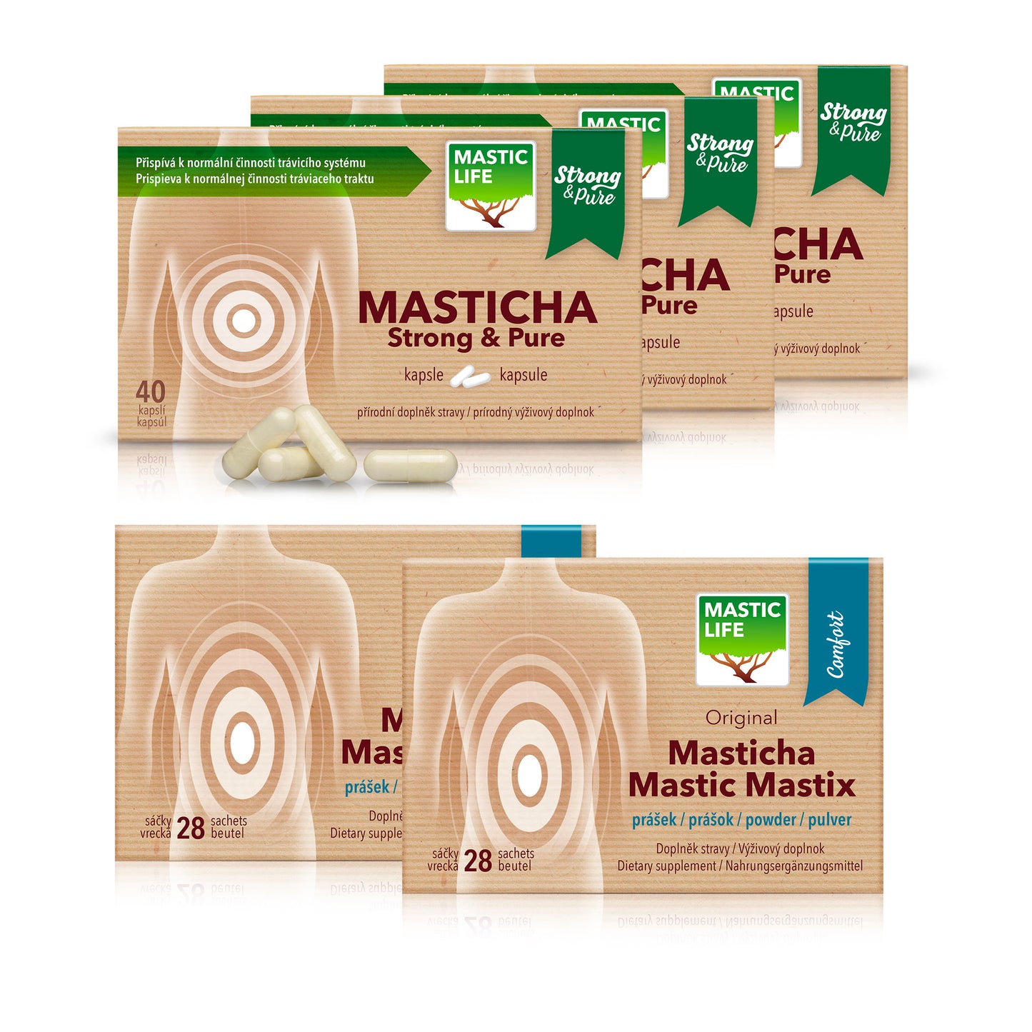 Packaging of MasticLife Mastic gum products on a white background